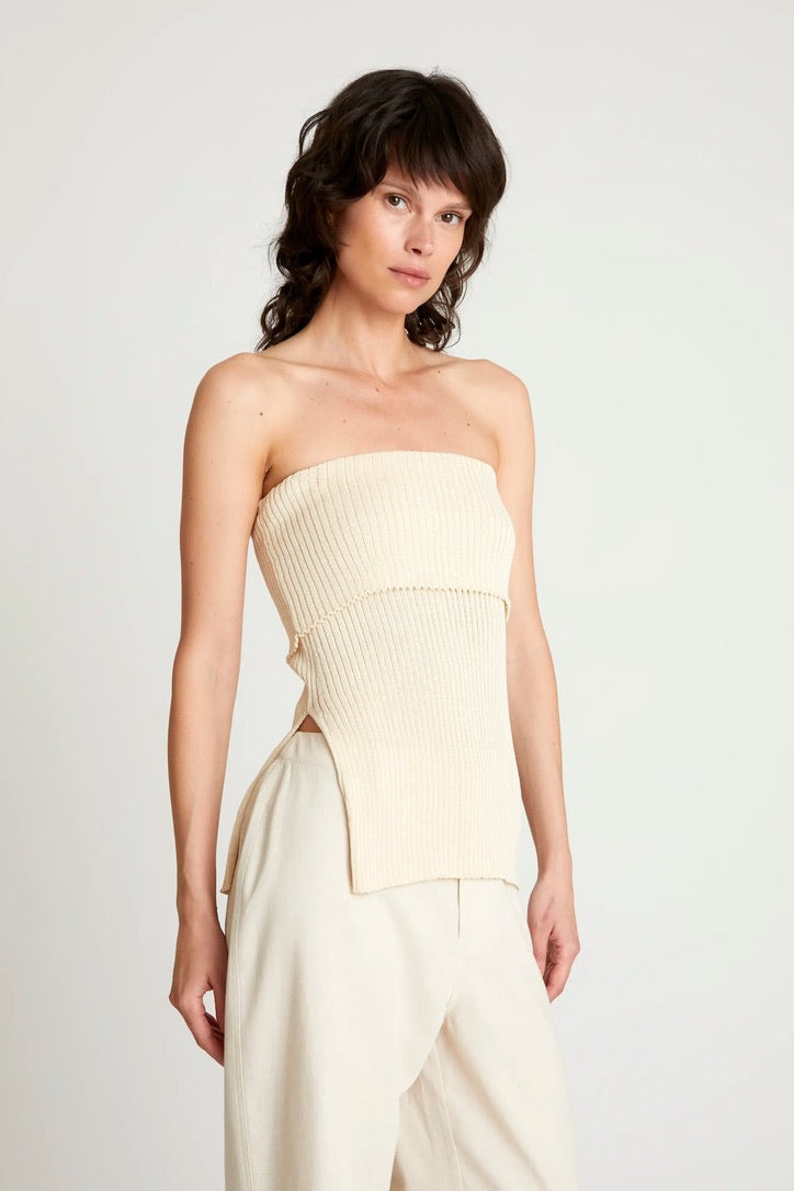 White strapless ribbed knit top