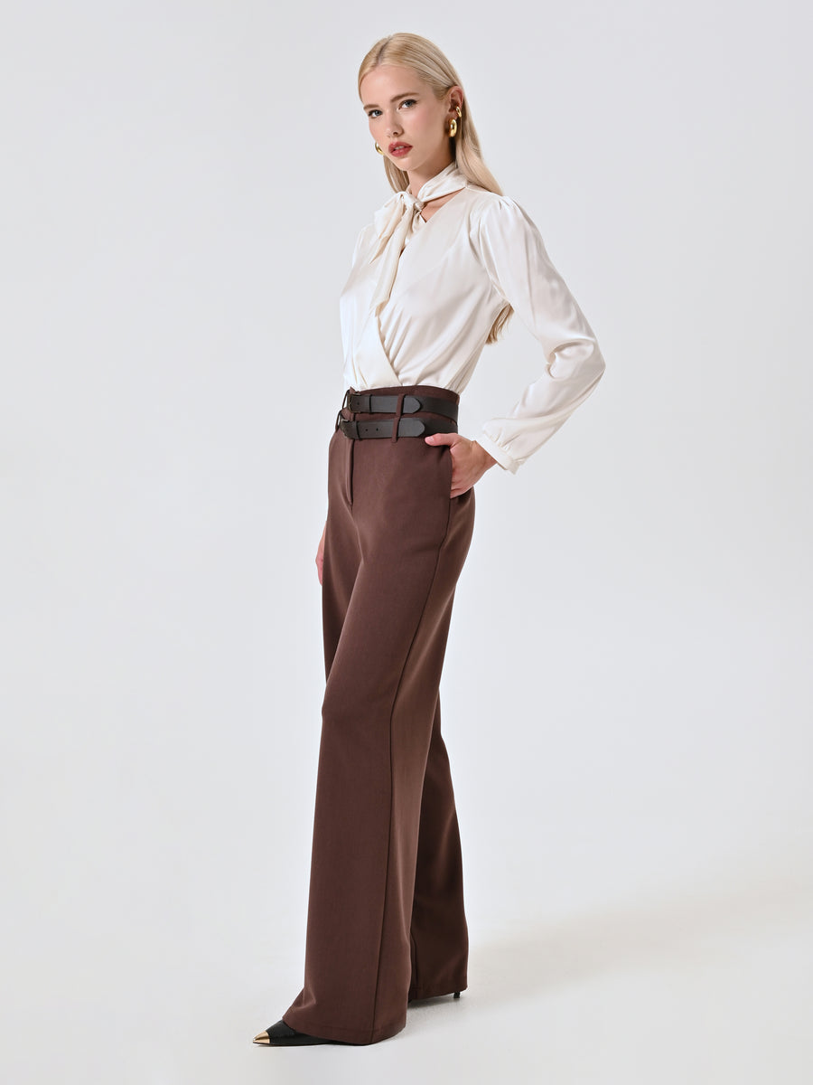 Wide Brown Trousers with Turn-Up