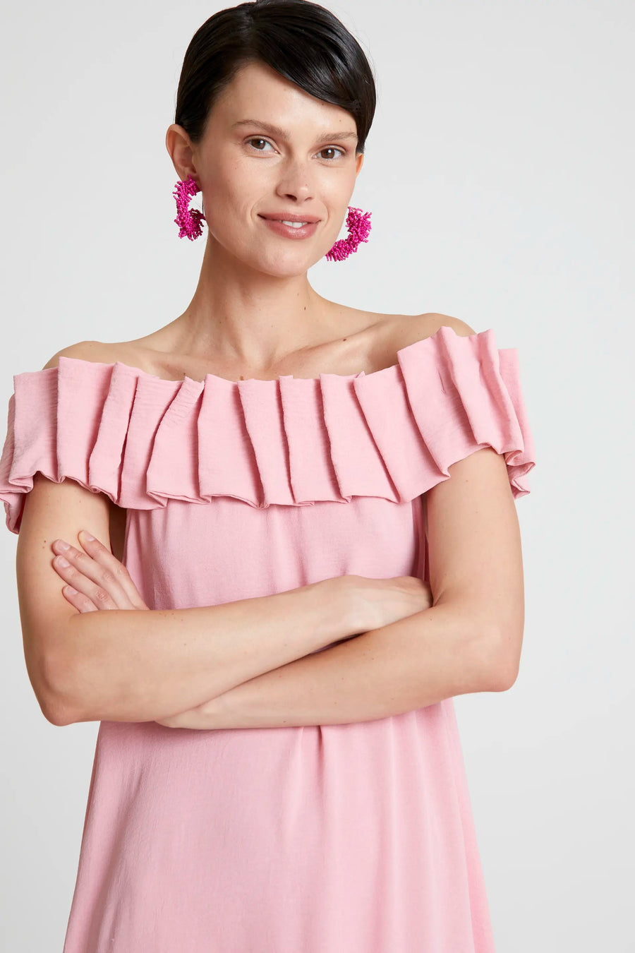 Long pink boat neckline dress