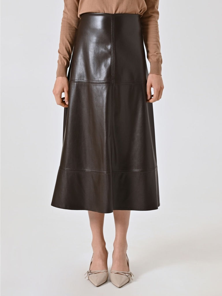 Chocolate Brown Faux Leather Midi Skirt