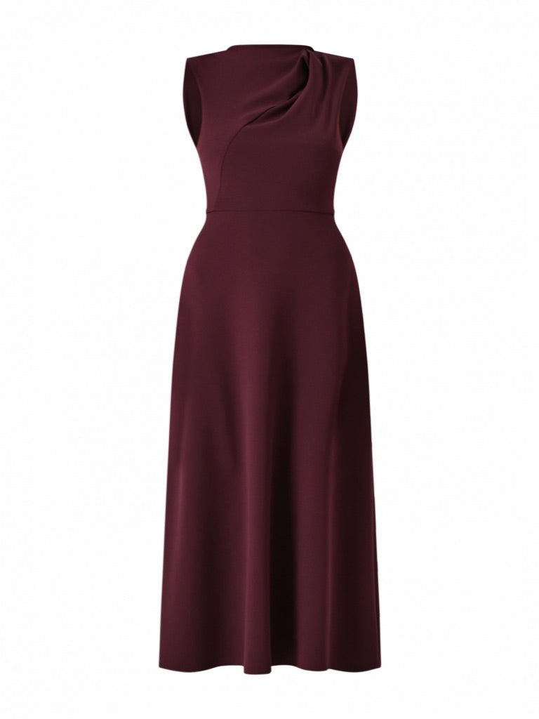 Burgundy Midi Dress with Stand-Up Collar