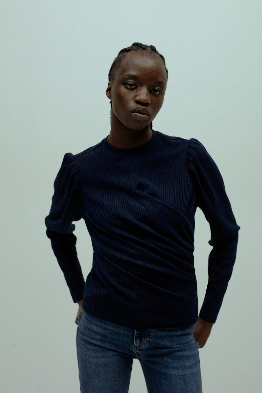 Striped Draped Top Midnight Melange