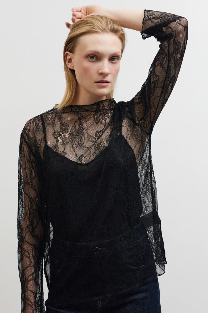 See through blouse with lace - Black