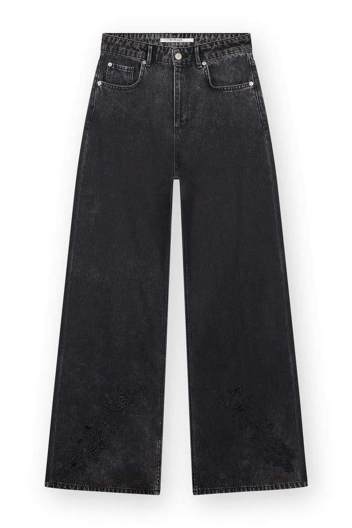 Wide Leg Jeans With Back Slit and Lace