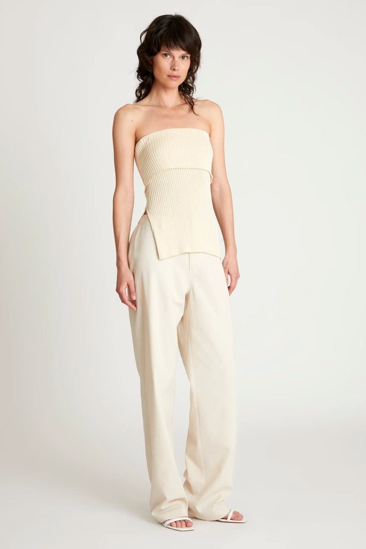White strapless ribbed knit top