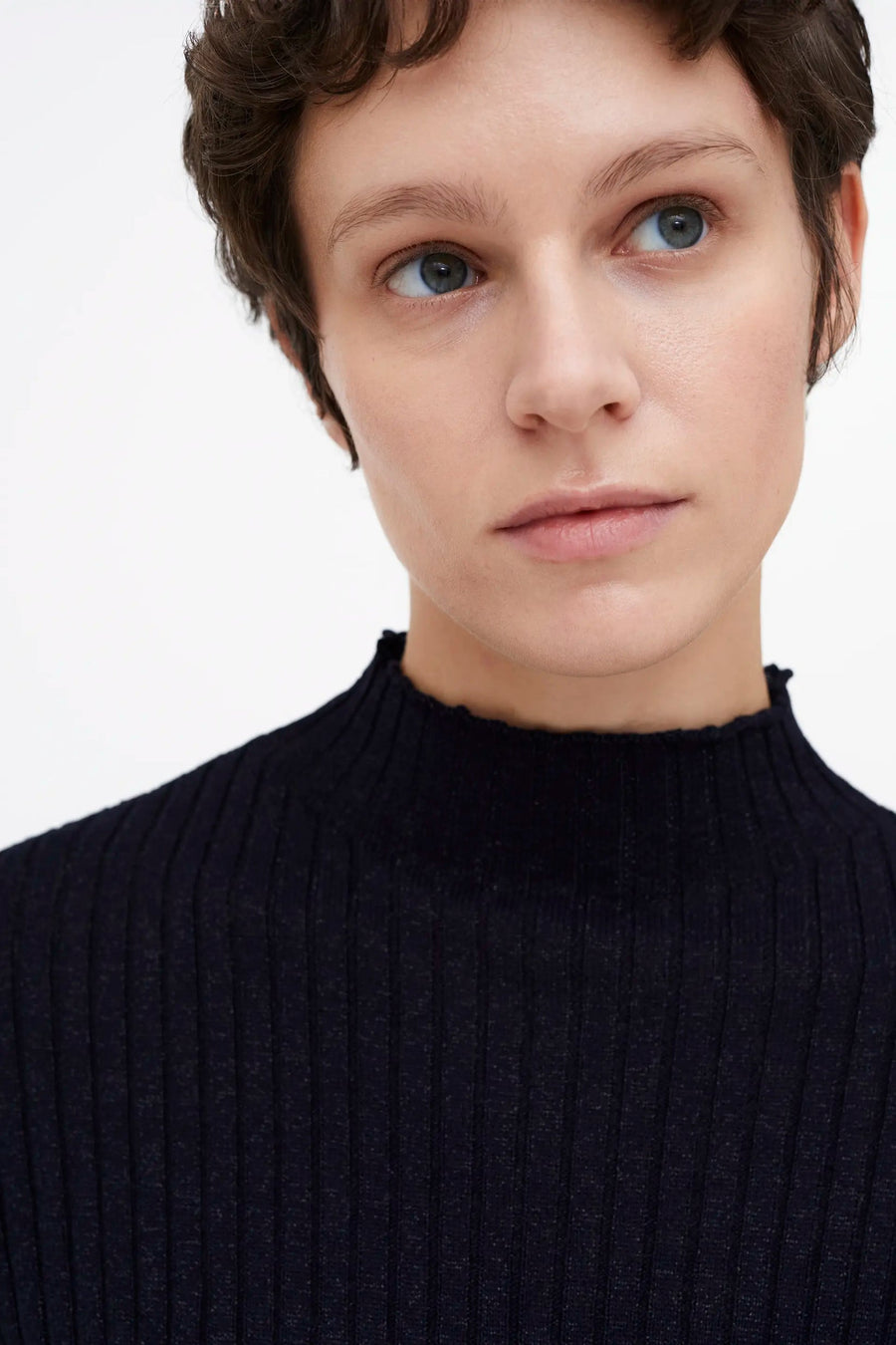 Navy Blue ribbed knit top with Perkins collar