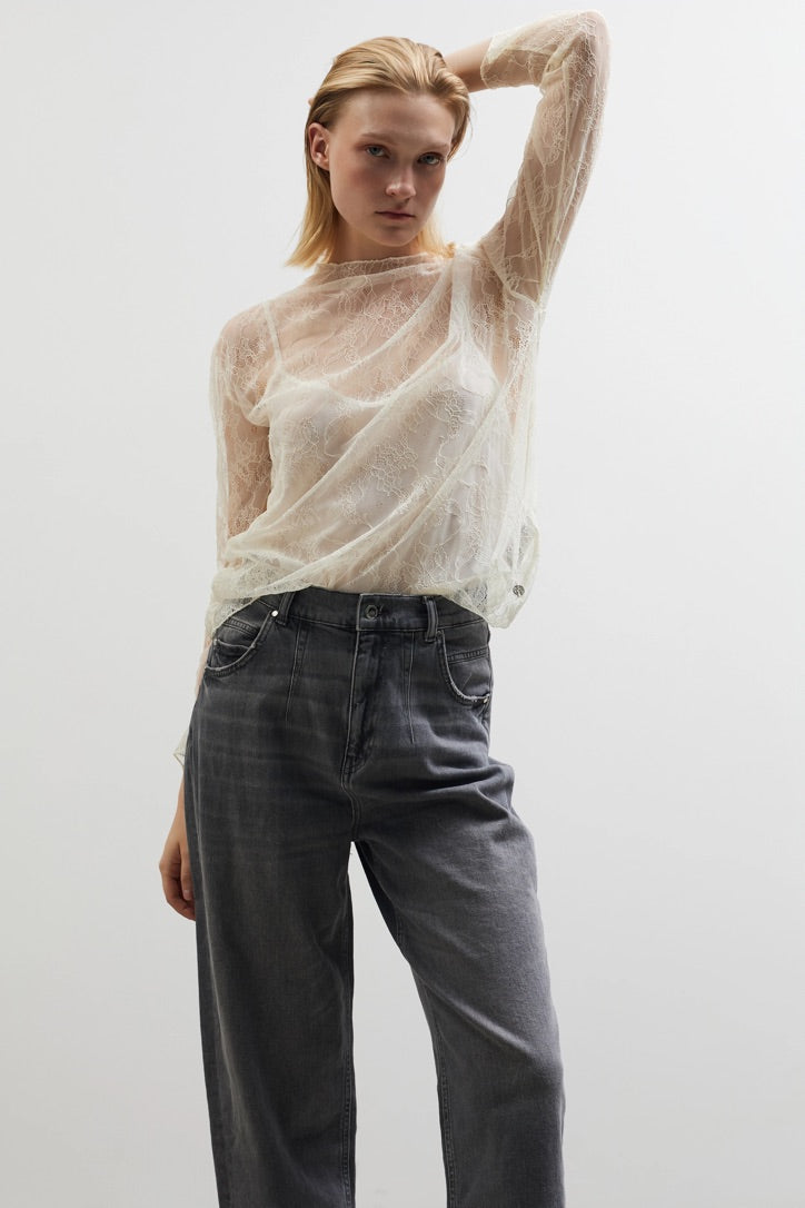 See through blouse with lace - Ivoire