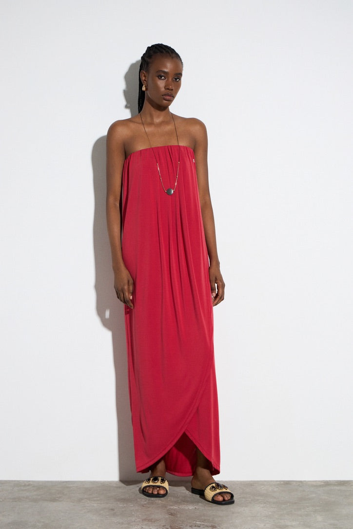 Maxi strapless asymmetric dress red