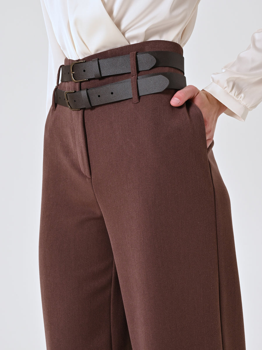 Wide Brown Trousers with Turn-Up