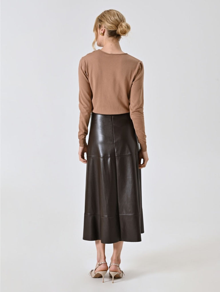 Chocolate Brown Faux Leather Midi Skirt