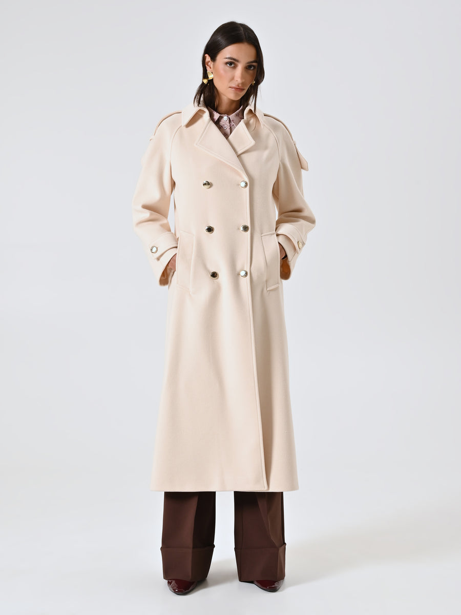 Beige Oversized Double-Breasted Coat with Epaulettes