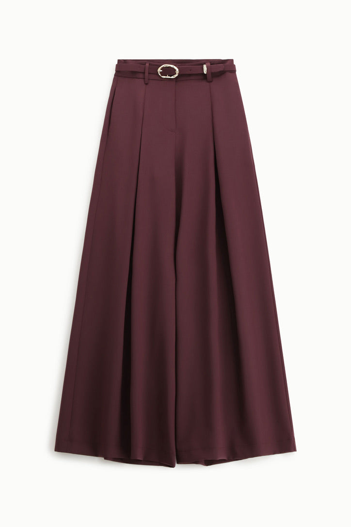 Wide-Leg Trousers With Decorative Belt - Burgundy