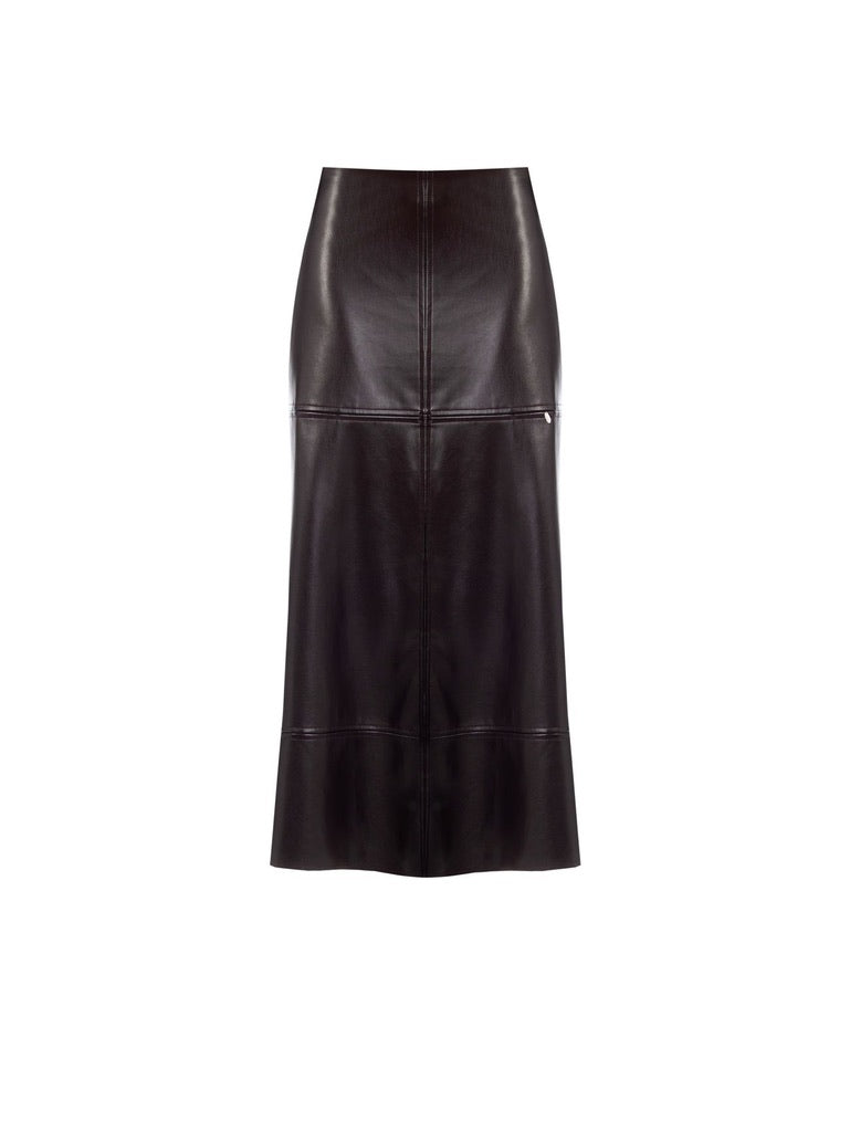 Chocolate Brown Faux Leather Midi Skirt