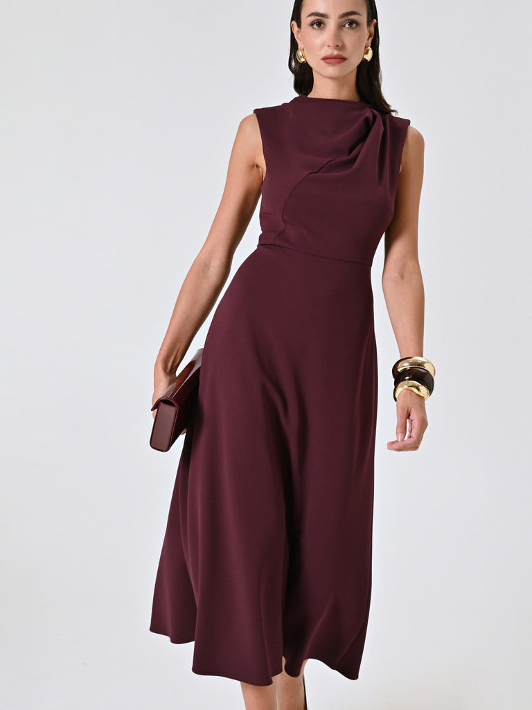 Burgundy Midi Dress with Stand-Up Collar