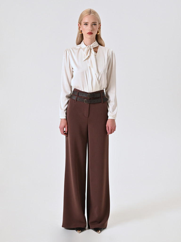 Wide Brown Trousers with Turn-Up