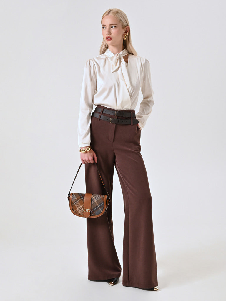 Wide Brown Trousers with Turn-Up