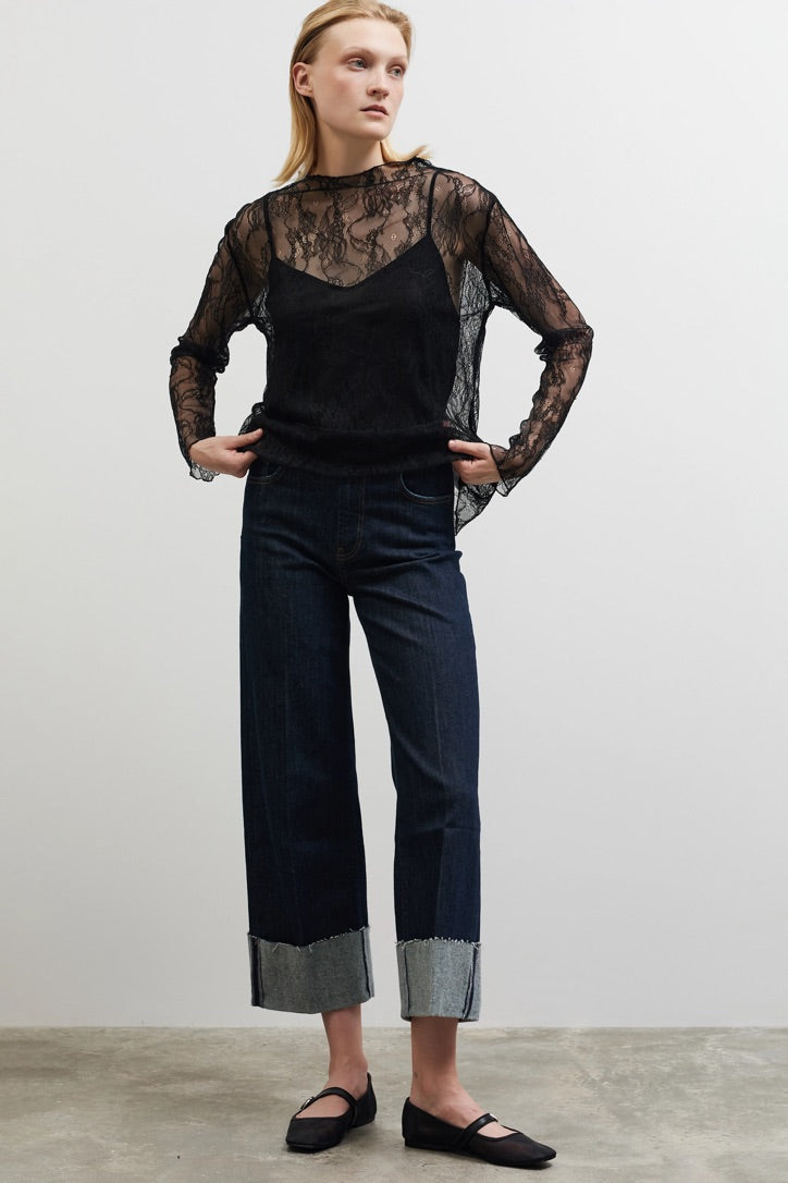 See through blouse with lace - Black