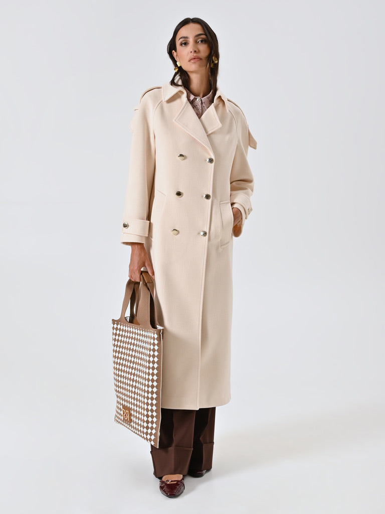 Beige Oversized Double-Breasted Coat with Epaulettes