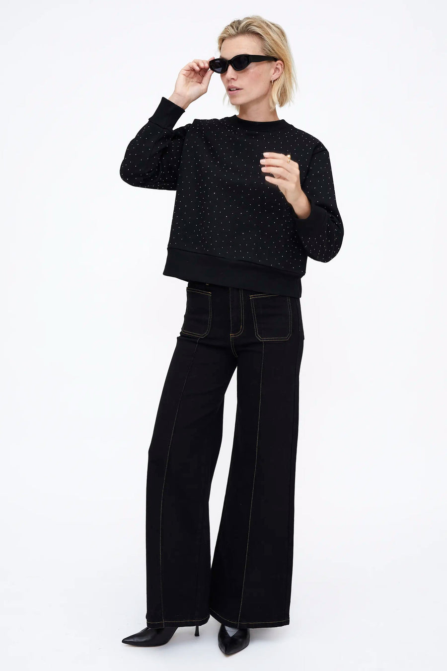 Black sweatshirt with silver rhinestones