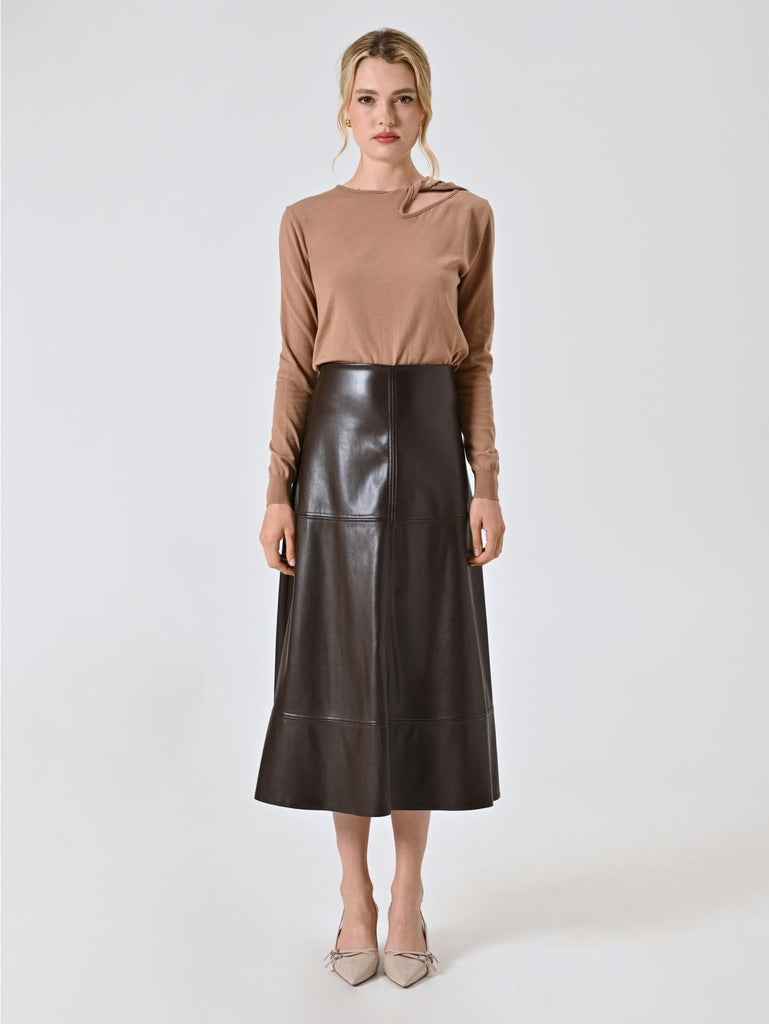 Chocolate Brown Faux Leather Midi Skirt