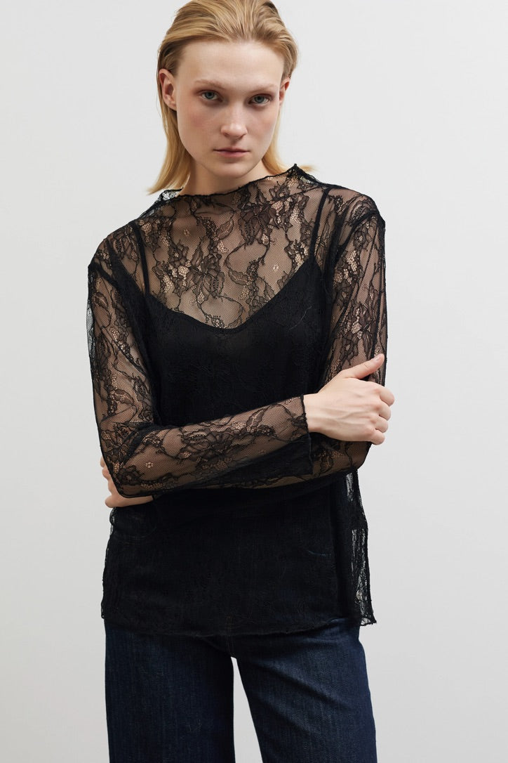 See through blouse with lace - Black