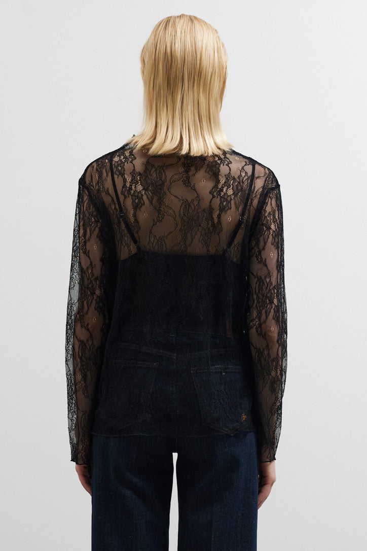 See through blouse with lace - Black