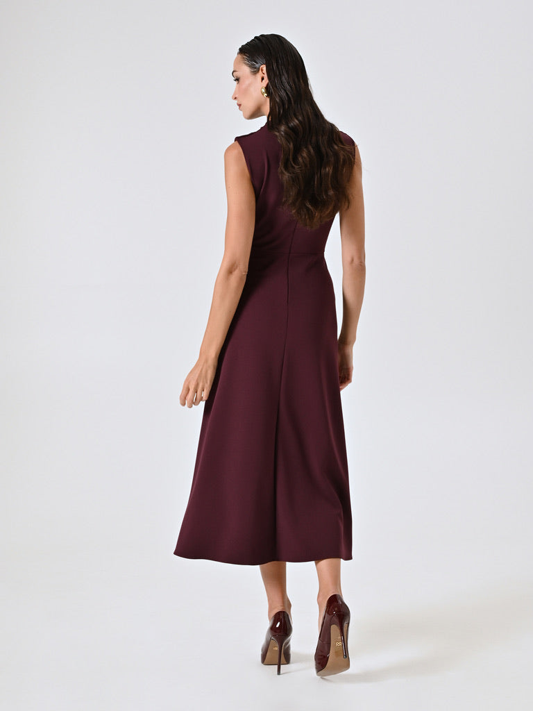 Burgundy Midi Dress with Stand-Up Collar