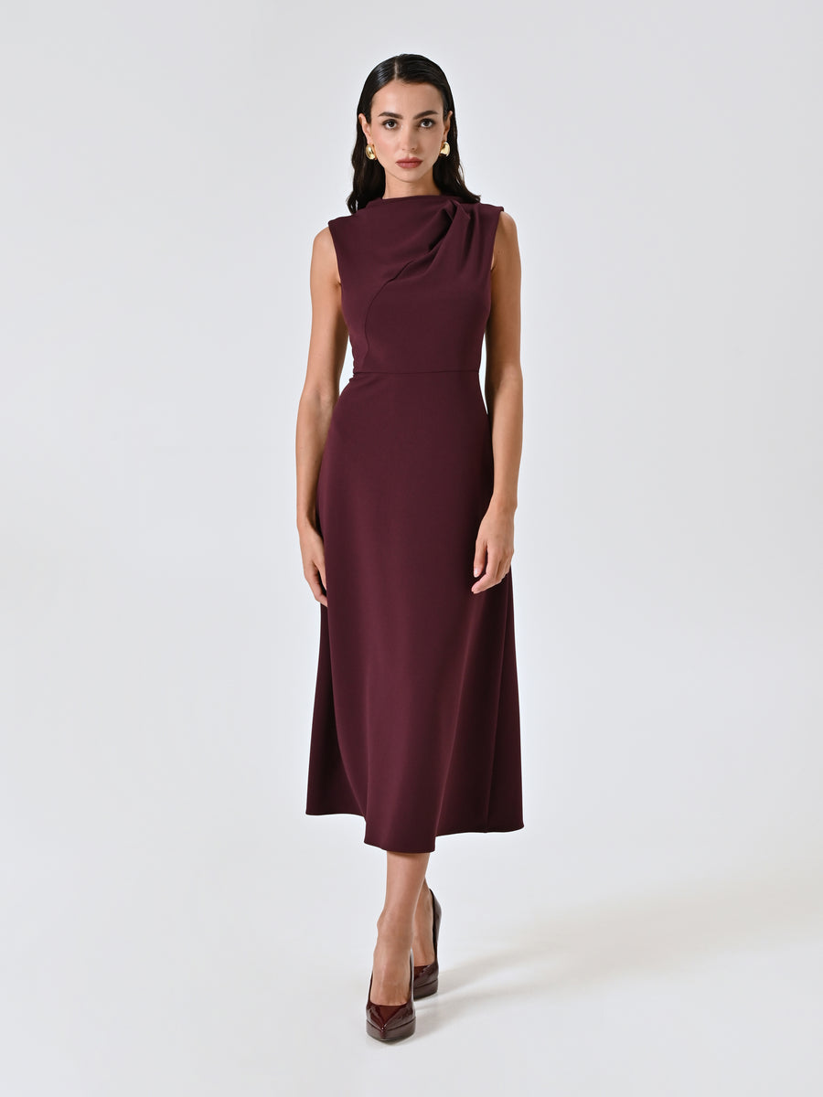 Burgundy Midi Dress with Stand-Up Collar