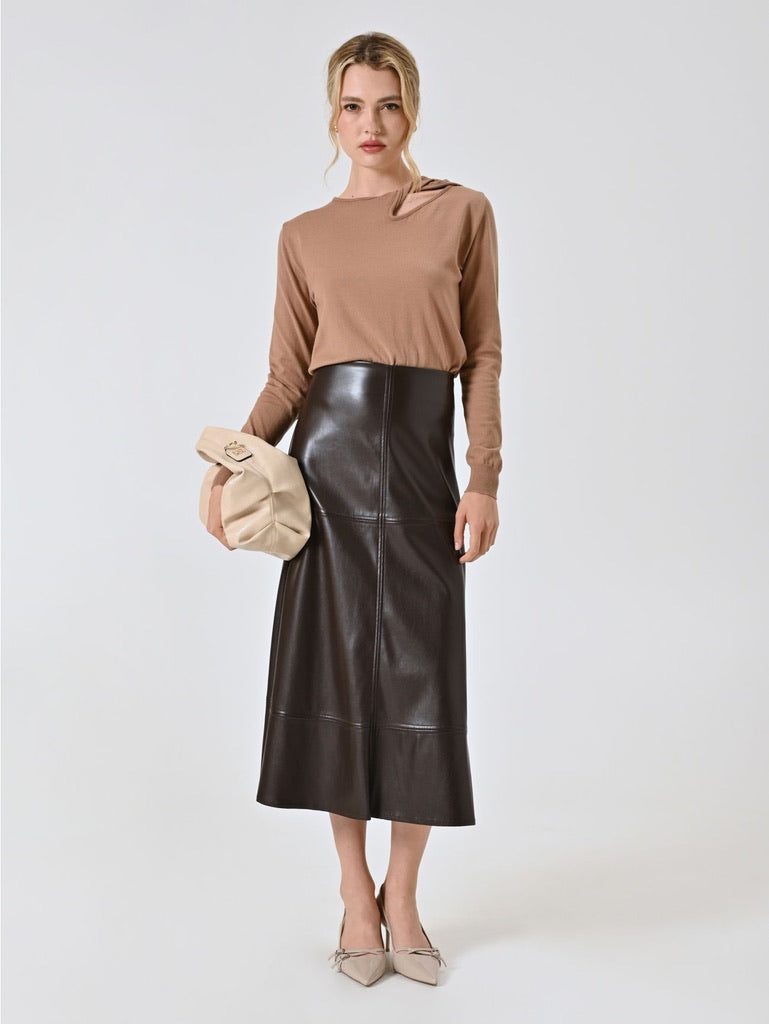 Chocolate Brown Faux Leather Midi Skirt