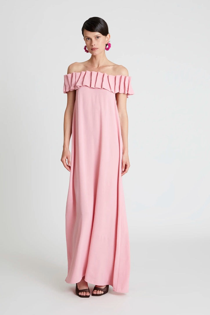 Long pink boat neckline dress