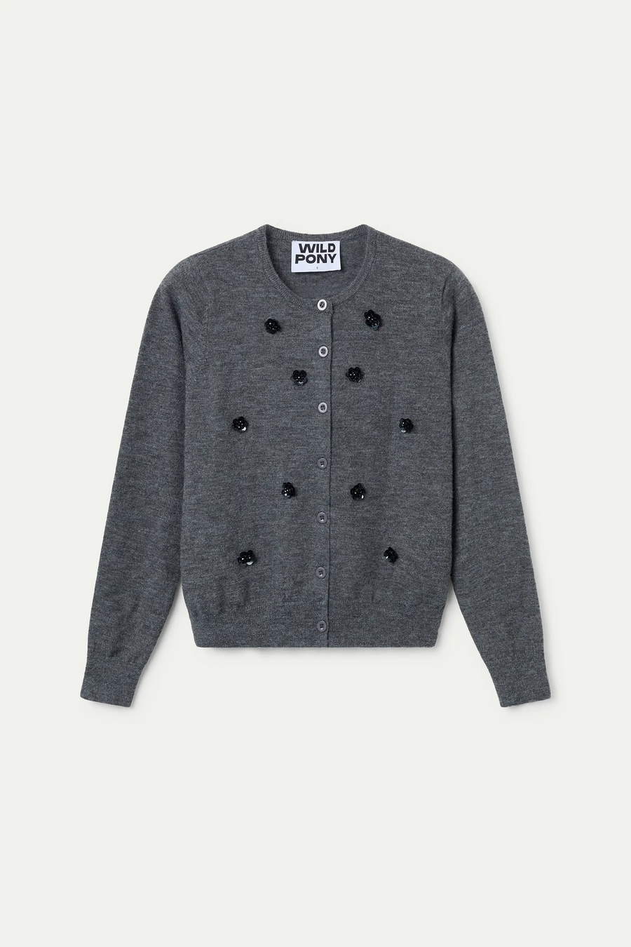 Grey knit cardigan with sequin flowers
