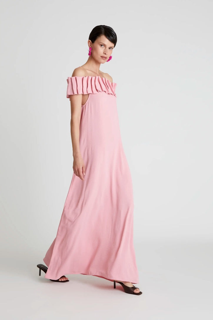 Long pink boat neckline dress
