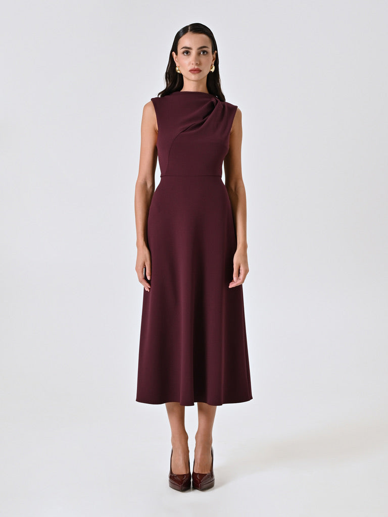 Burgundy Midi Dress with Stand-Up Collar