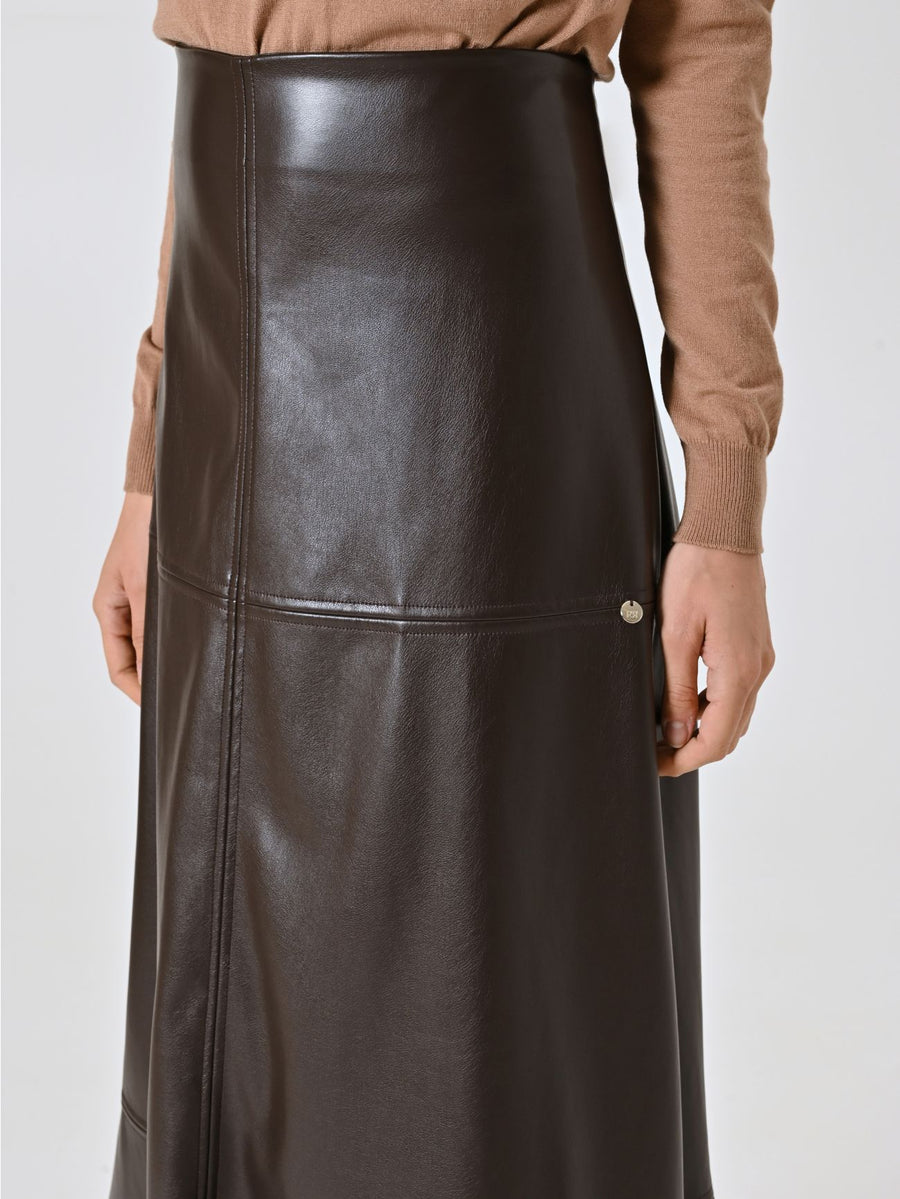 Chocolate Brown Faux Leather Midi Skirt