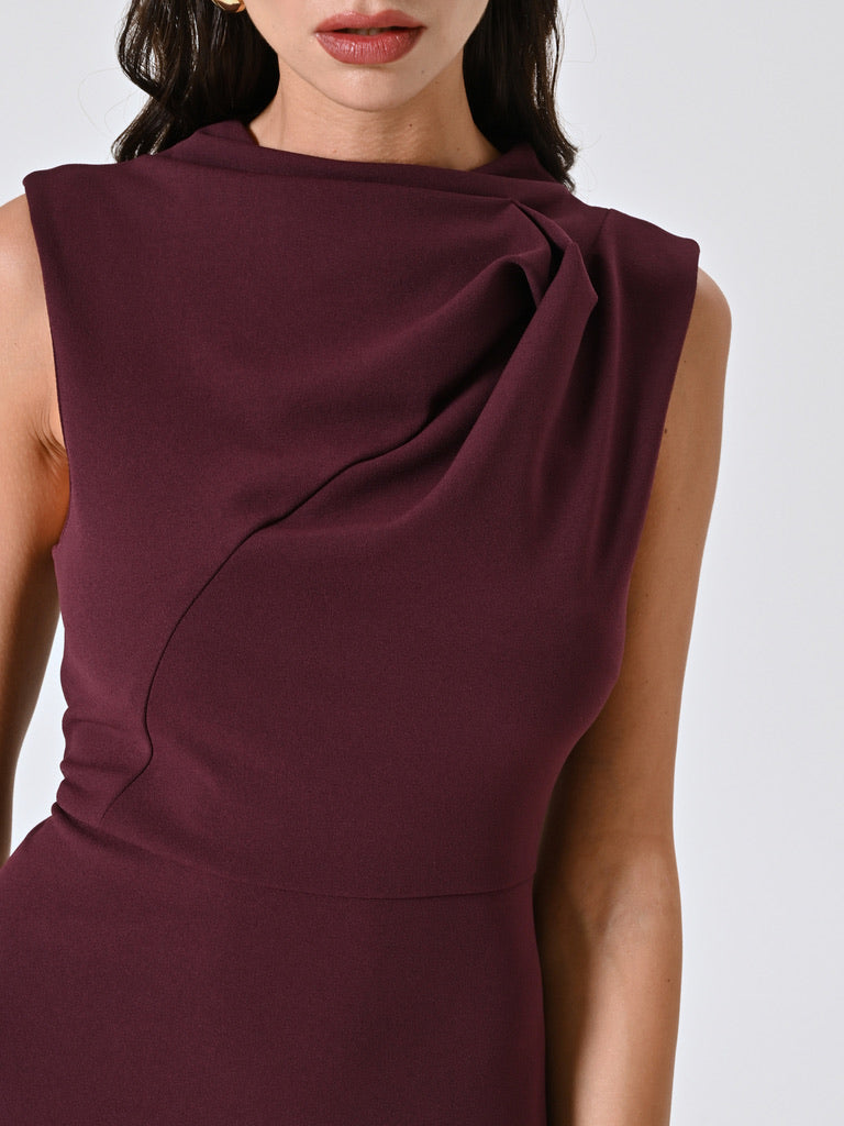 Burgundy Midi Dress with Stand-Up Collar