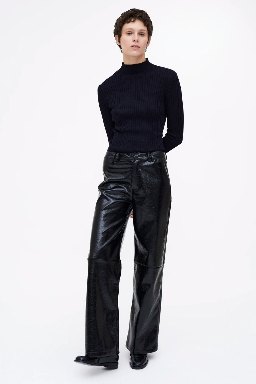 Navy Blue ribbed knit top with Perkins collar