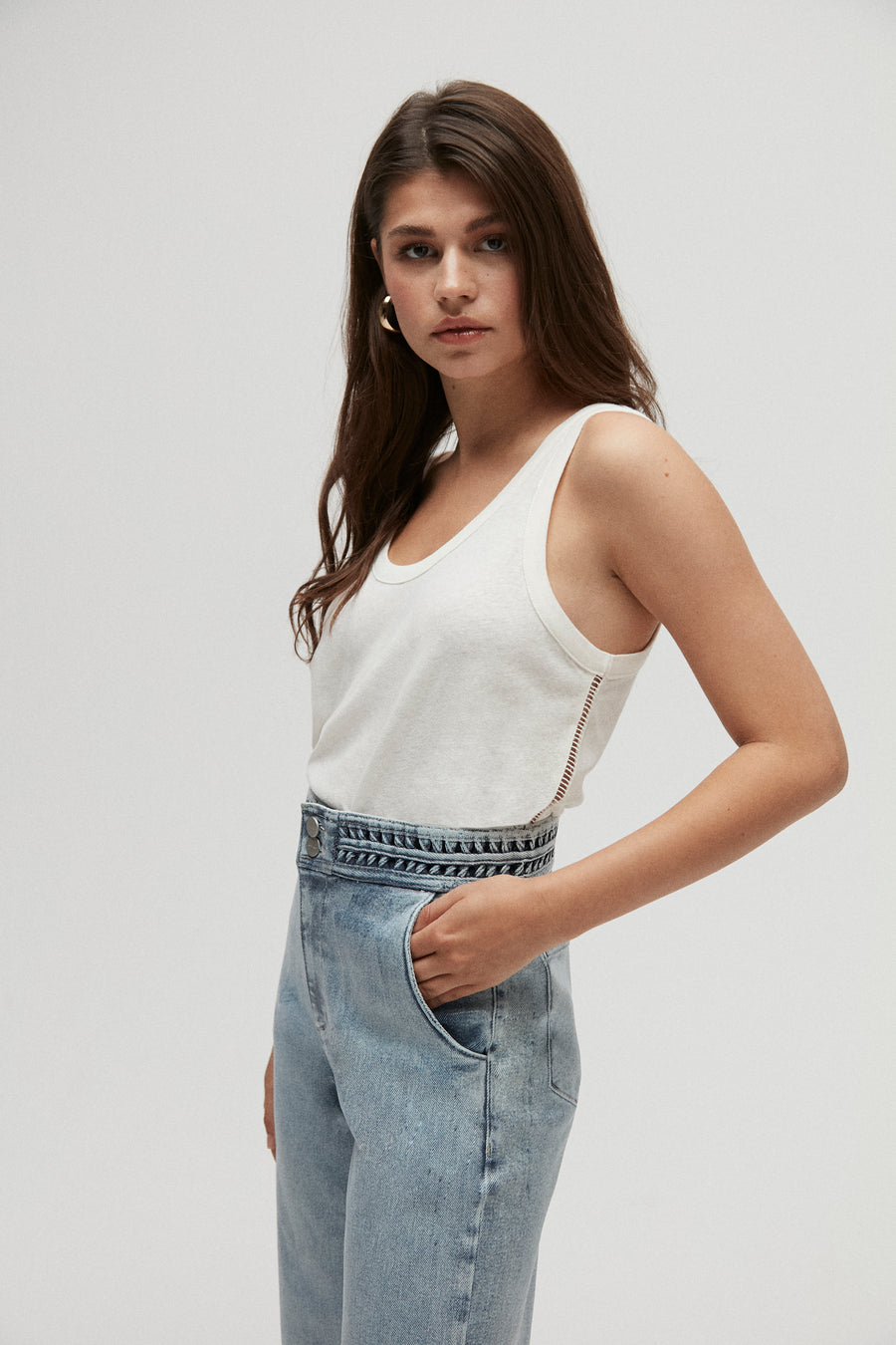 Wide Leg Jeans With Belt Detail - Coated Denim Blue